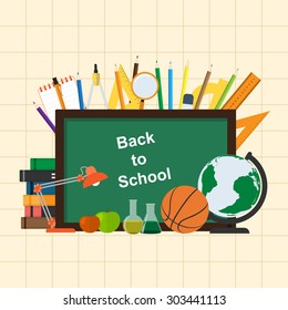 back to school background, green desk with school supplies, flat style illustration