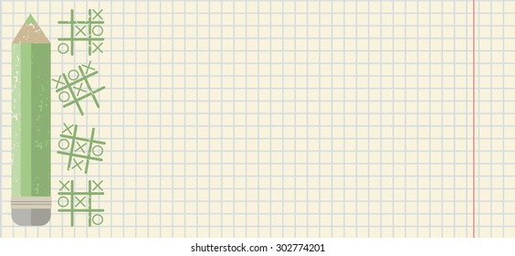 Back to school Background with green pencil. Decorative Notepad Notebook in a Cage for your designs. Vector side frame.