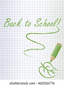 Back to school background with a green pencil and leaf, vector illustration