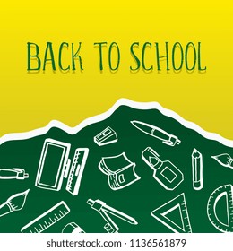 Back to school background green and yellow with line art study tools and child reading a book. EPS 10 vector illustration.