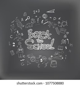 Back to school background with hand drawn chalk doodles. Lettering for banners, posters, flyers. Creative sketch design advertising