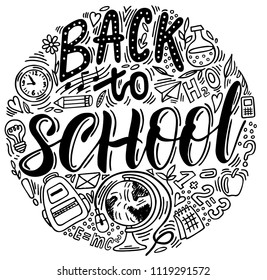 Back to school background with hand drawn doodles. Lettering for banners, posters, flyers. Creative sketch design advertising.