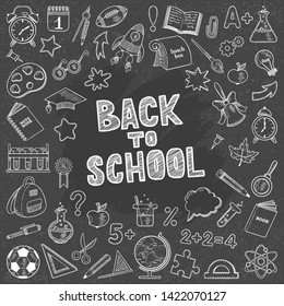 Back to school. Background with hand drawn school elements in flat outline style and lettering on black chalk board. Concept of education. Create poster, cover, card, print, banner.