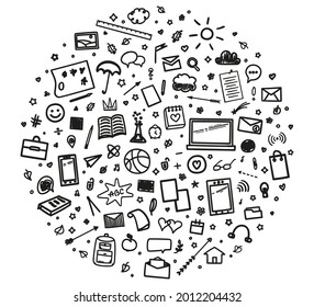 Back to school. Background with hand drawn school supplies. Freehand elements. Illustration for banners, flyers or posters. Distance home educate