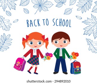 Back to School. Background with hand drawn autumn leaves and schoolchildren with schoolbags. Background for your design. Sketch, design elements. Vector illustration.
