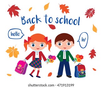 Back to School. Background with hand drawn autumn leaves and schoolchildren with schoolbags. Sketch, design elements. Vector illustration.