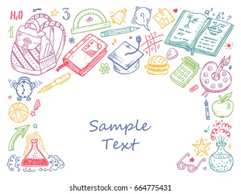 Back to school background with hand drawn doodle school supplies. Vector illustration