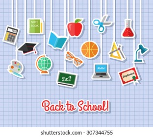 Back to school background with hanging paper stickers. Vector illustration