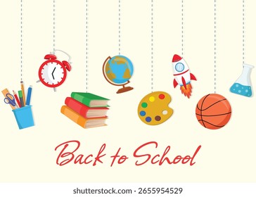 Fondo de regreso a la escuela con útiles escolares colgantes, globo terráqueo, pila de libros, reloj, cohete y bola ilustración plana colorida