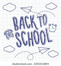 Back to School background illustration with icon doodle paper airplane, clouds, school bus and clock