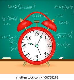 Back to school background Illustration with red alarm clock  against a school board. Vector eps10 