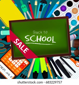 Back to school. Background illustrations with different office stationery tools and equipment for artists. Poster layout with place for your text