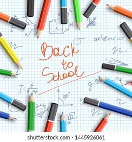 Back to school background with inscription hand drawn elements colorful realistic pencils on paper note vector illustration