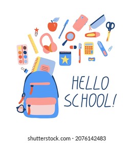 Back to school background with kids school backpack with education supplies vector illustration.
