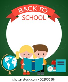 Back to school background with kids reading book and learning, vector illustration