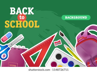 Back to school, background lettering with supplies. Offer or sale advertising design. Typed text, calligraphy. For leaflets, brochures, invitations, posters or banners.