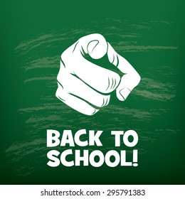 Back to school background. Motivational poster. Hand pointing. Green chalkboard backdrop. Chalk smudges.