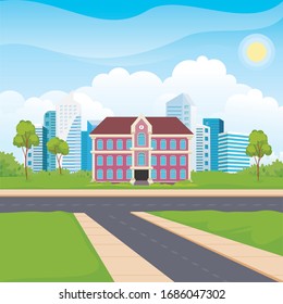 De vuelta a la escuela, con paisaje natural, edificio escolar, fondo de carretera y rascacielos, ilustración vectorial