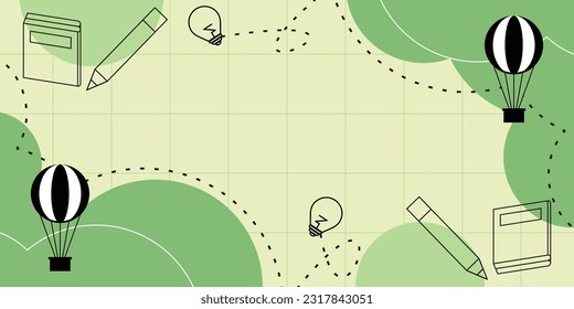 back to school background, note paper with book, pencil, hot air balloon and idea icons. vector cartoon kids