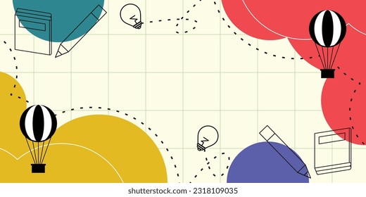 back to school background, note paper with book, pencil, hot air balloon and idea icons. vector cartoon kids