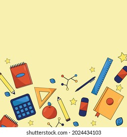Back to school background. Notebook, calculator, ruler, pencil.