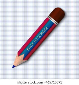 Back to school background. Notebook squared paper with colorful pencil. Welcome to first day of school. Vector illustration.