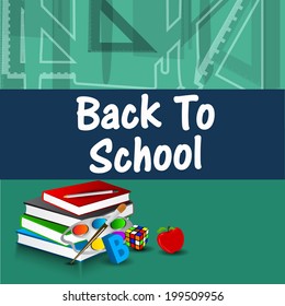Back to School background with notebooks and alphabets and shapes on blue and green background. 