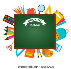 Back to school background with school objects and blackboard, vector illustration