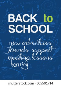 Back to school. Background on chalkboard with school icon elements. Poster or flyer design in blue. handwriting style.