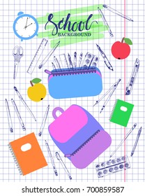 Back to school background on checked copybook paper. Hand drawn line art student supplies, paints, ruler, pens, pencils, brushes and flat alarm, bag, pencil case.