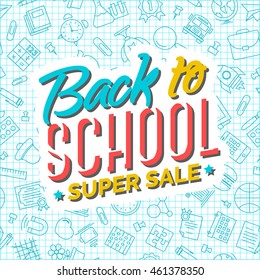 Zurück zum Schulhintergrund auf nahtlosem Schulmaterial. Schönes Schuljahr. Zurück zum Schulhintergrund. Zurück zum Schuleinkauf. Super sale.Vektorgrafik.