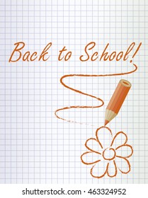 Back to school background with a orange pencil and flower, vector illustration