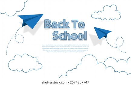 Back to school background with a paper airplane concept in a doodle line style banner design
