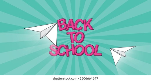 De vuelta a la escuela, fondo con aviones de papel y rayos de colores en el fondo.