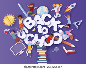 Back to school background . Paper cut cartoon kids and education supplies set in trendy paper cut craft style. Modern origami teaching and learning design. Vector illustration.