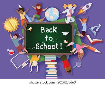 Back to school background . Paper cut cartoon kids and education supplies set in trendy paper cut craft style. Modern origami teaching and learning design. Vector illustration.