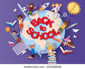 Back to school background . Paper cut cartoon kids and education supplies set in trendy paper cut craft style. Modern origami teaching and learning design. Vector illustration.