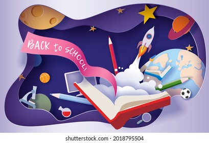 Back to school background . Paper cut cartoon kids and education supplies set in trendy paper cut craft style. Modern origami teaching and learning design. Vector illustration.