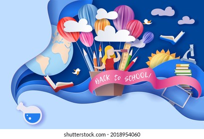 Back to school background . Paper cut cartoon girl with telescope flying and education supplies in trendy paper cut craft style. Modern origami teaching and learning design. Vector illustration.