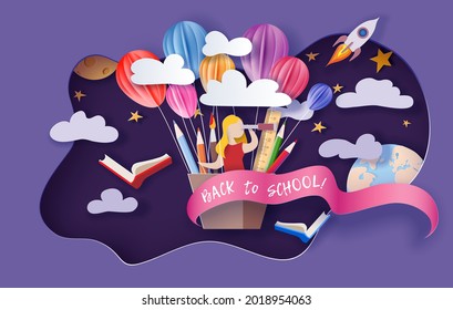 De vuelta a la escuela . Chica de caricatura de papel con telescopio volando y suministros educativos en el estilo de artesanía de corte de papel de moda. Diseño de aprendizaje y enseñanza del origami moderno. Ilustración vectorial.