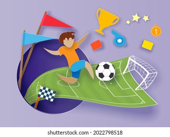 Back To School Background . Paper Cut Cartoon Boy Soccer Player In Trendy Paper Cut Craft Style. Modern Origami Learning Design. Vector Illustration.