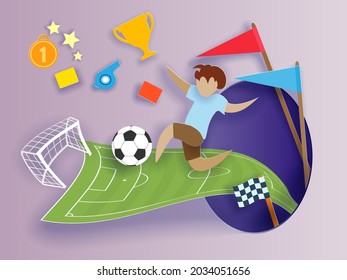 Back To School Background . Paper Cut Cartoon Boy Soccer Player In Trendy Paper Cut Craft Style. Modern Origami Learning Design. Vector Illustration.