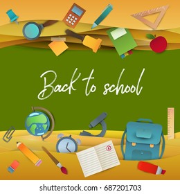 Back to school background. Paper cut cartoon polygonal trendy craft style. Modern origami teaching, education and learning symbol design. Concept for poster, banner. Vector illustration.
