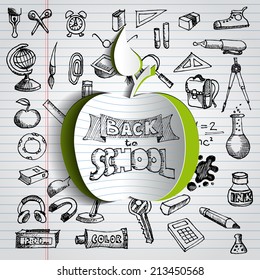 Back to school background with papercut red apple, hand drawn doodle icons, vector illustration
