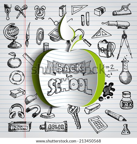 Back to school background with papercut red apple, hand drawn doodle icons, vector illustration