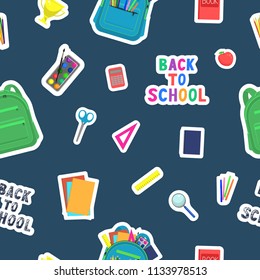 Back to school background. Pattern from set of school supplies on dark blue background. Vector illustration.
