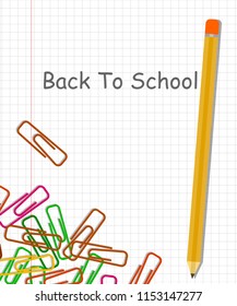 Back to school background with pencil and colorful clips