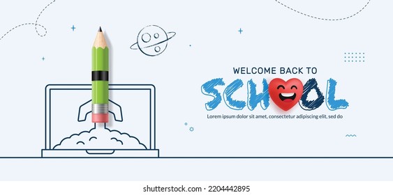 Back to School background with Pencil rocket launching from Laptop to space. Online learning and Web page template, Digital Education concept