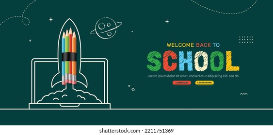 Back to School background with Pencil rocket launching from Laptop to space. Online learning and Web page template, Digital Education concept