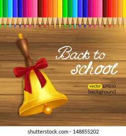 Back to school background with pencils and bell. Vector illustration.